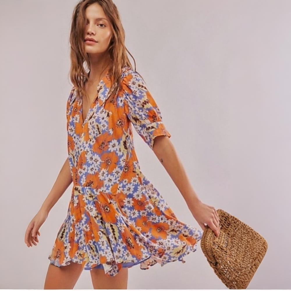 NWOT Free People Sugar Crush Mini Dress XS Oversized Boho Floral Spring Cottage